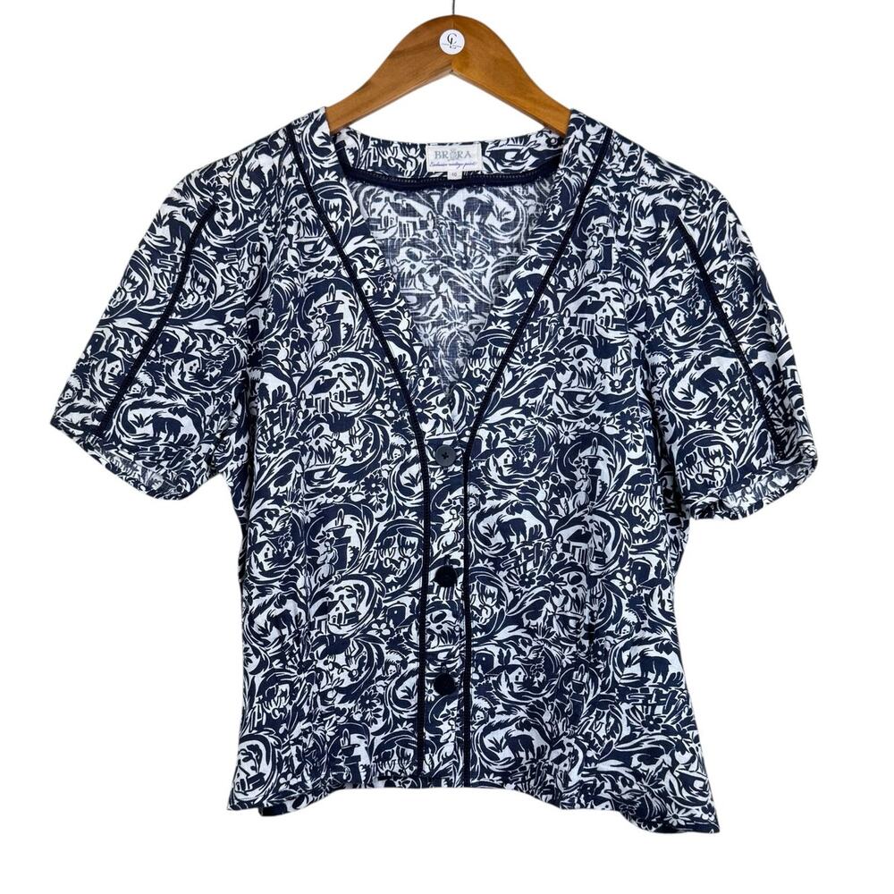 Brora 100% Linen Indigo Blue Vintage Pattern Short Sleeve Button Up V-Neck Top - Picture 8 of 12